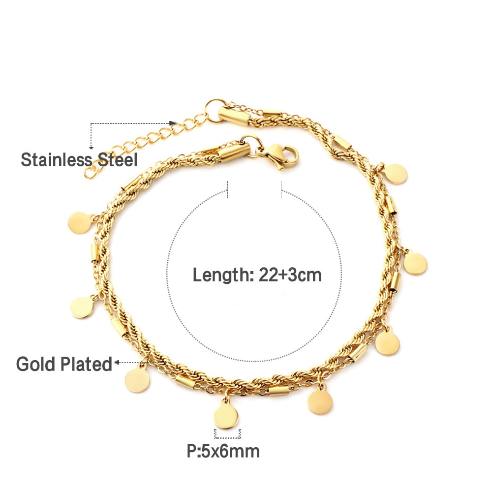 Double Layer Coin Disc Pendant Anklets Rope Chain Leg Foot Bracelet Jewelry