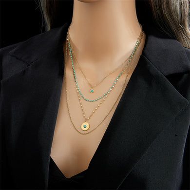 Multilayer Green Stone Round Pendant Necklaces