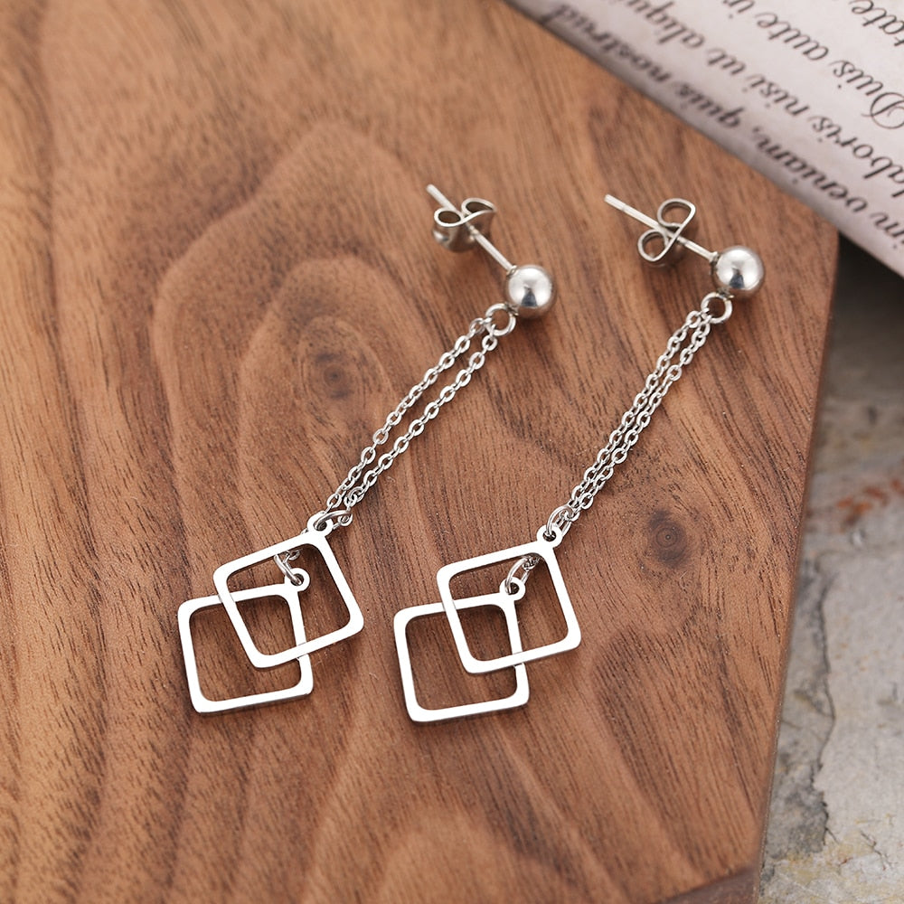 Geometric Square Overlay Charms Bell Pendants Earrings