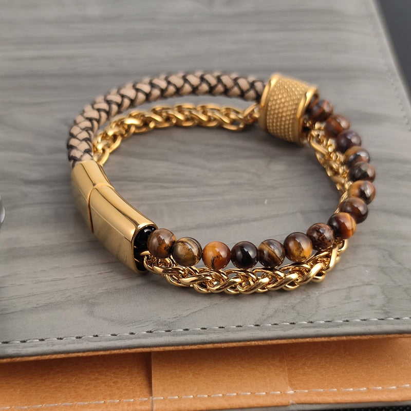 Stainless Steel Charm Chain Link Golden Leather beads Bracelets for Men