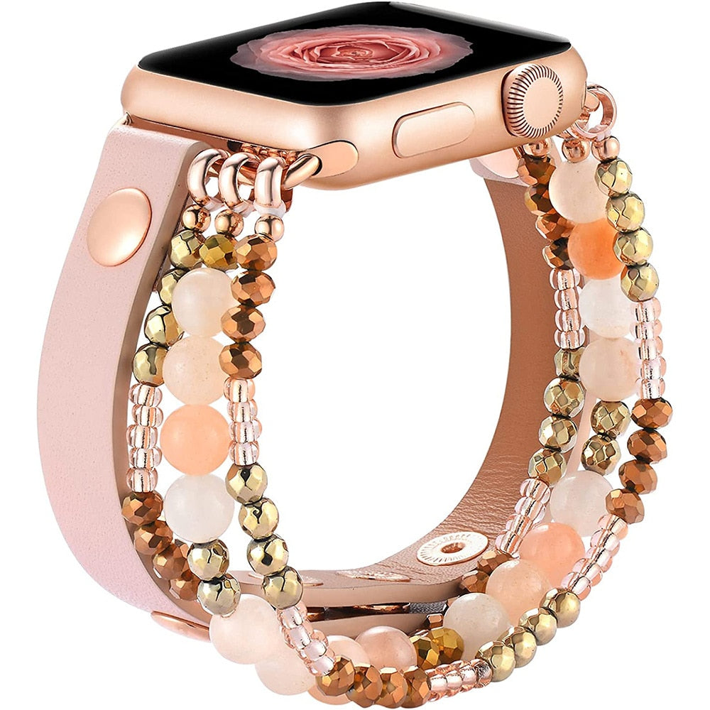 Bracelet Band For Apple Watch Strap Women Elastic Beaded Leather Strap