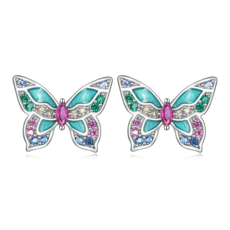 925 Sterling Silver Colorful Zircon Butterfly Stud Earrings for Women Fine Jewelry