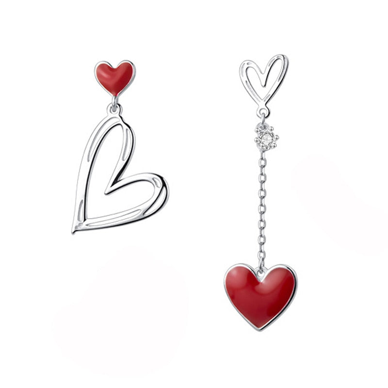 925 Sterling Silver Fashion Romantic Asymmetric Heart Stud Earrings For Women Jewelry