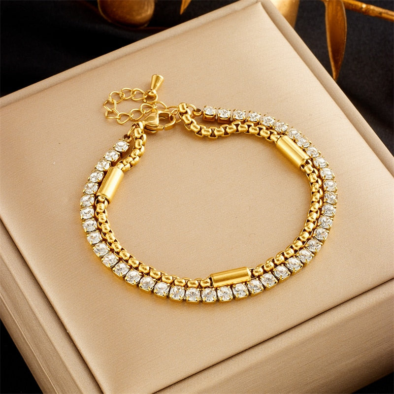 316L Stainless Steel White Zircon 2in1 Chains Bracelet For Women Jewelry