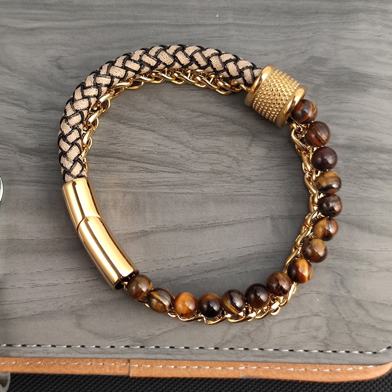 Stainless Steel Charm Chain Link Golden Leather beads Bracelets for Men