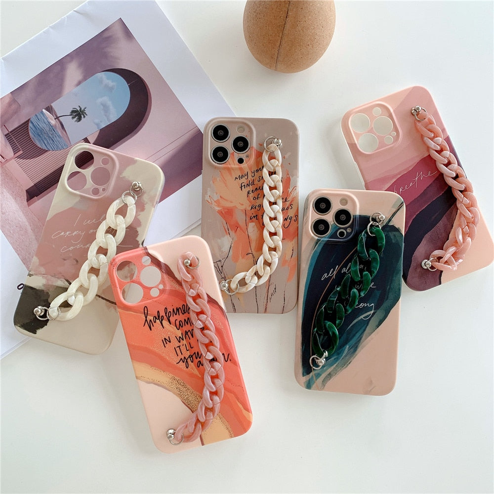Luxury Marble Bracelet Wrist Chain Case For iPhone 14 13 12 Pro Max 11 Pro Soft Silicon Cover